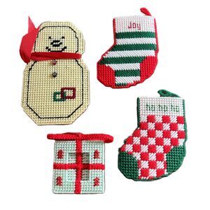 Vintage Lot Needlepoint Christmas Ornaments Snowman Stocking Present Gift